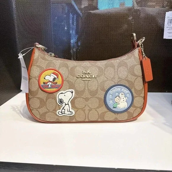 Coach CE848 Coach X Peanuts Teri Shoulder Bag With Patches In  Gold/Khaki/Redwood